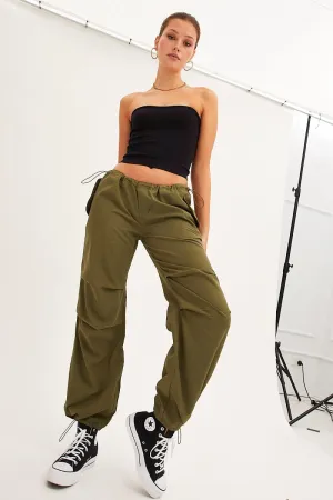 TaglessDesign Flexible Material Green Cargo Parachute Low Rise Pants