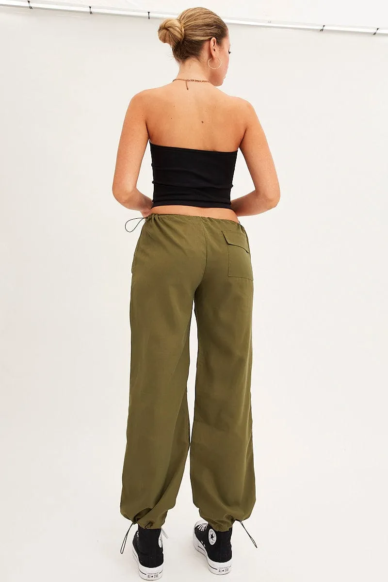 Stretch Fabric Green Cargo Parachute Low Rise Pants