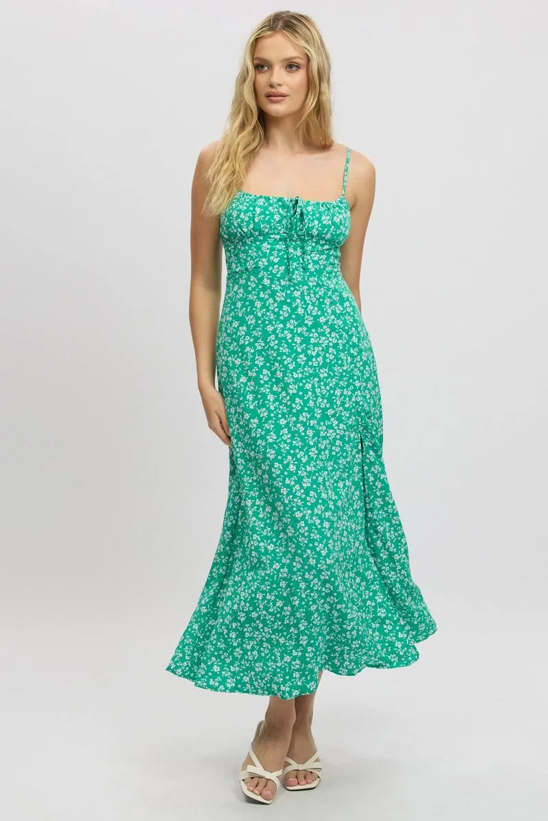 Perfectly Fitted Green Ditsy Midi Dress Gathered Bust