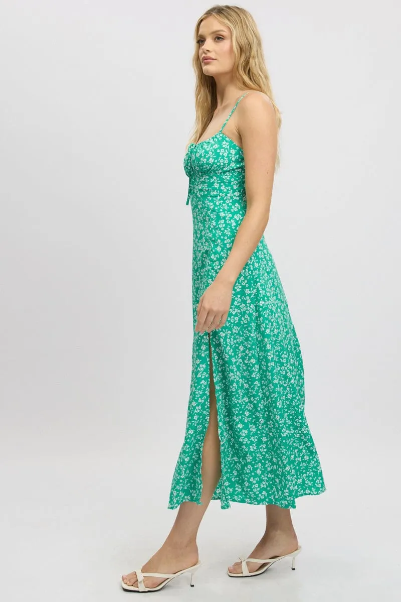 Green Ditsy Midi Dress Gathered Bust Lace Fine