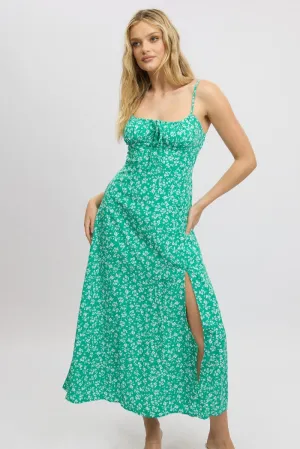 Fur Warm Green Ditsy Midi Dress Gathered Bust