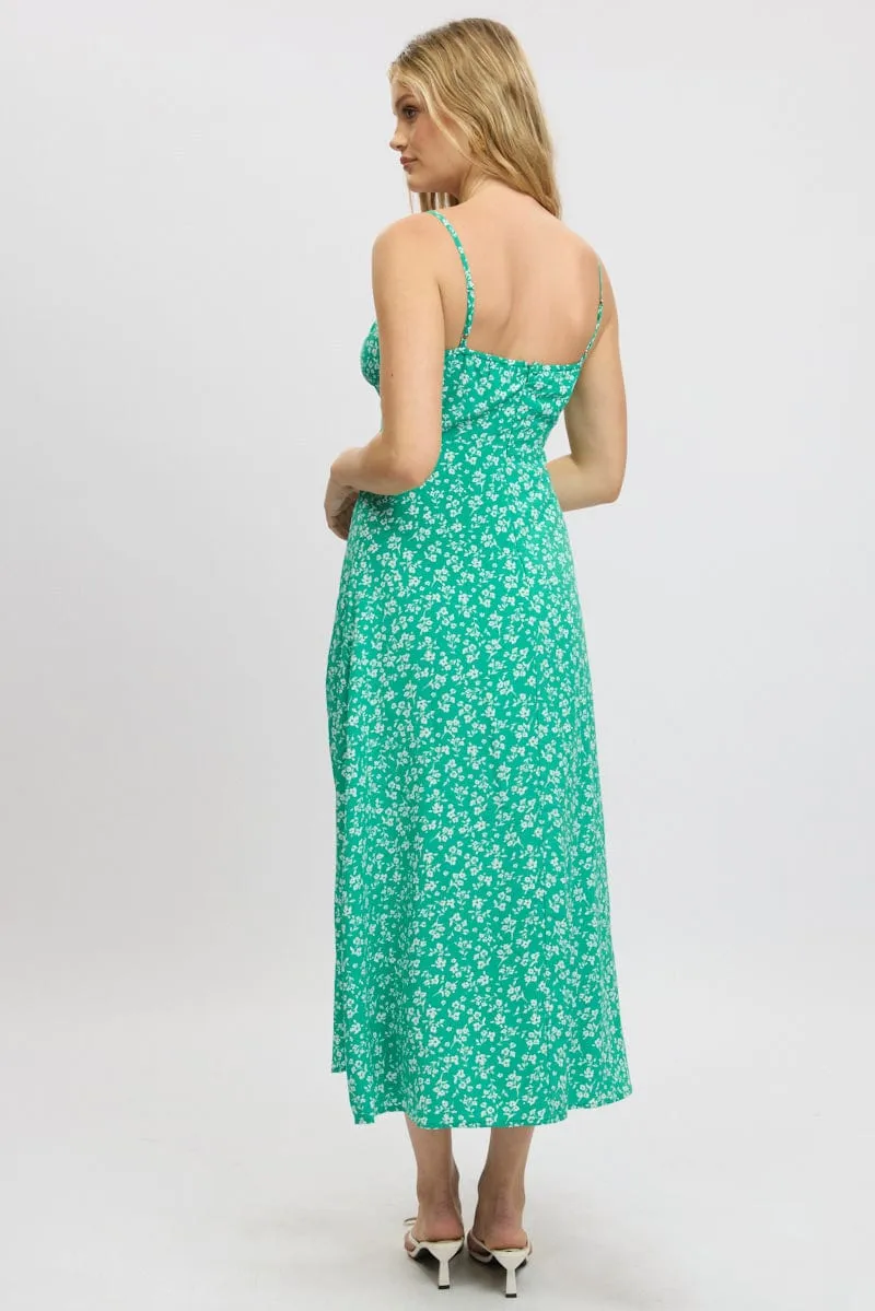 Green Ditsy Midi Dress Gathered Bust Coastal Granny