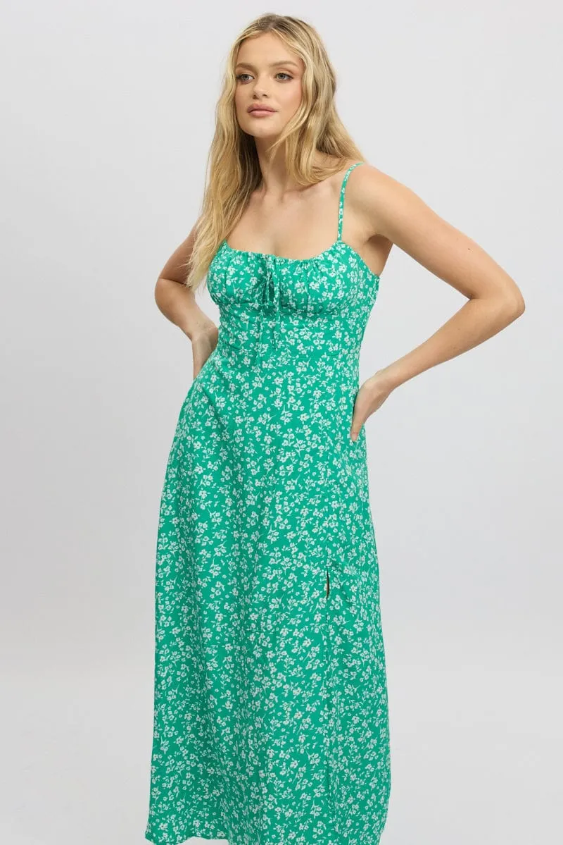 Weekend Ready Bridge Walk Green Ditsy Midi Dress Gathered Bust
