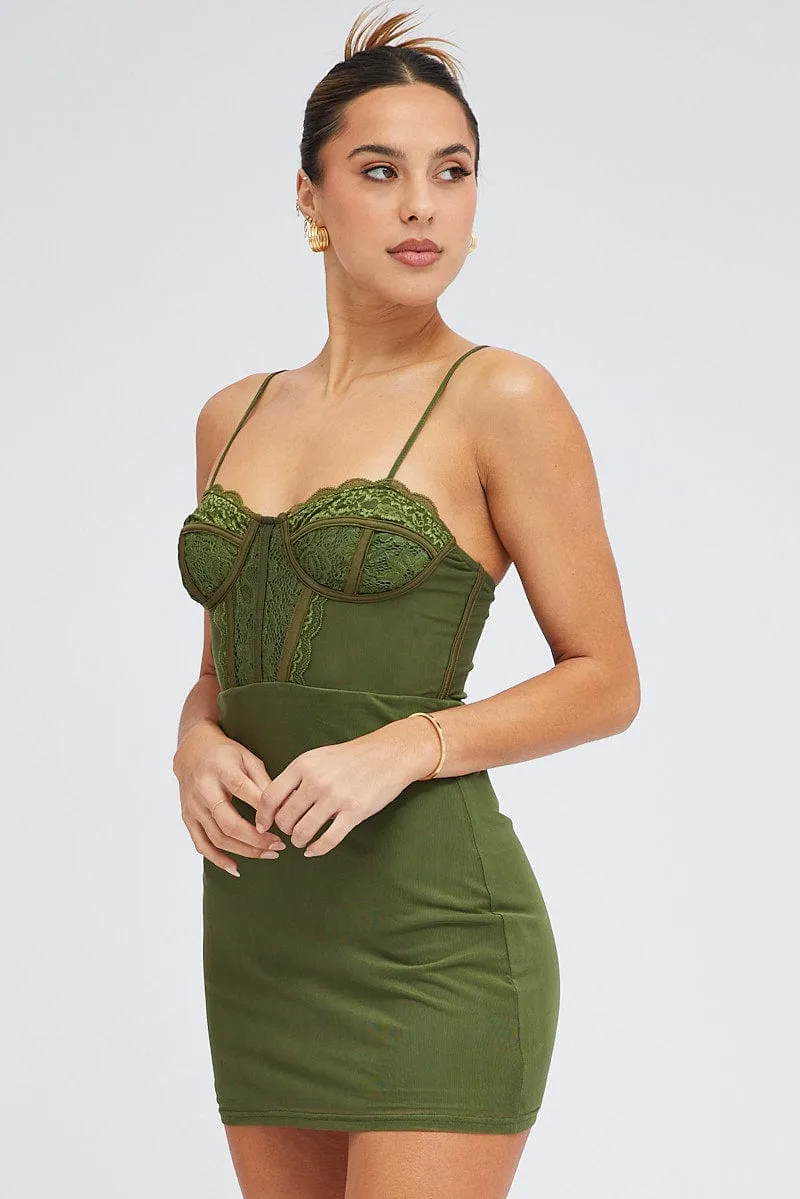 Green Mini Dress Corset Detail Mesh Trendy Essentials Vibrant dress for weekend outing