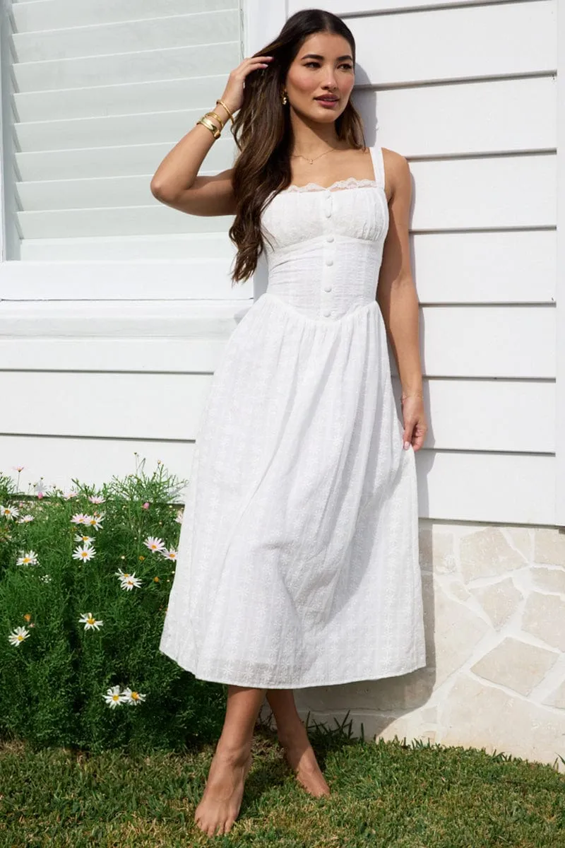Reef View White Midi Dress Gathered Bust Lace Trim