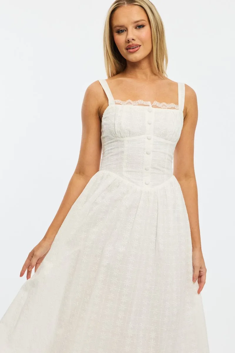 City Prep Pack Friendly White Midi Dress Gathered Bust Lace Trim