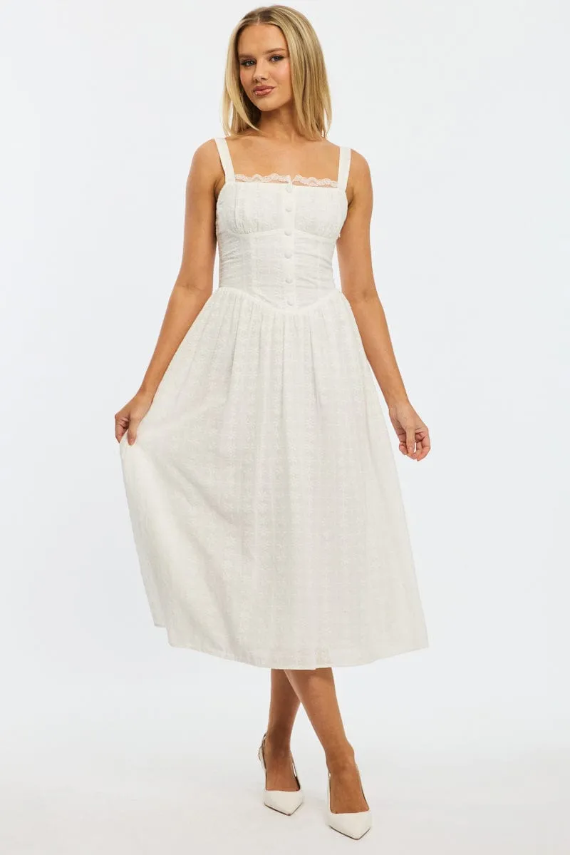 White Midi Dress Gathered Bust Lace Trim Fashionable details