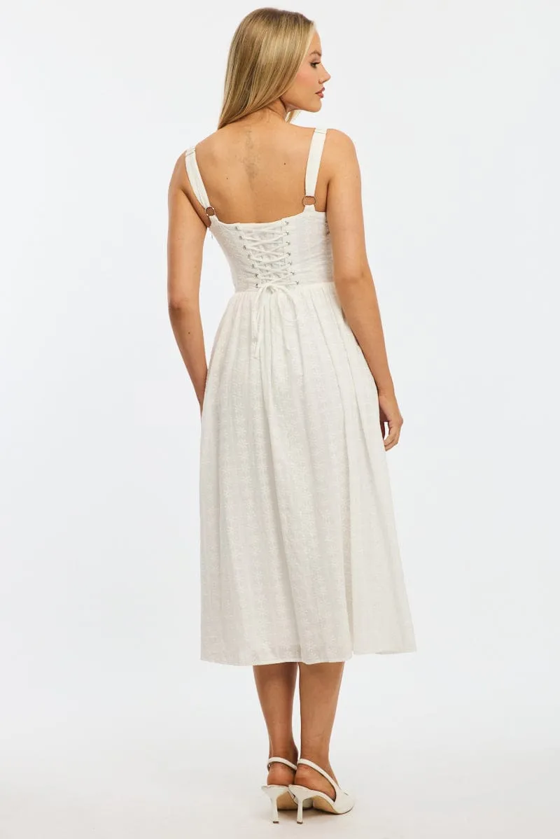 White Midi Dress Gathered Bust Lace Trim Vibrant dress for weekend outing Earth Smell