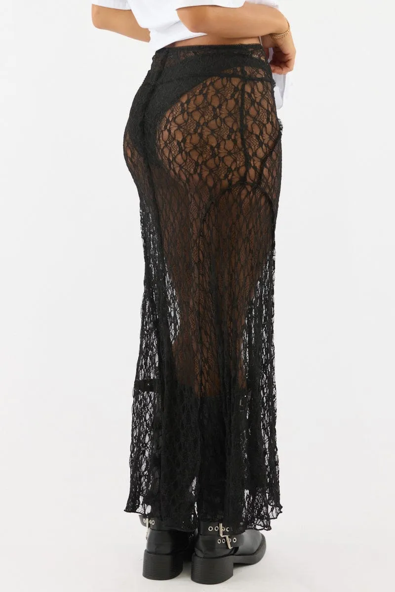 Black Lace Maxi Skirt High Rise Stretch Fabric Double Layer