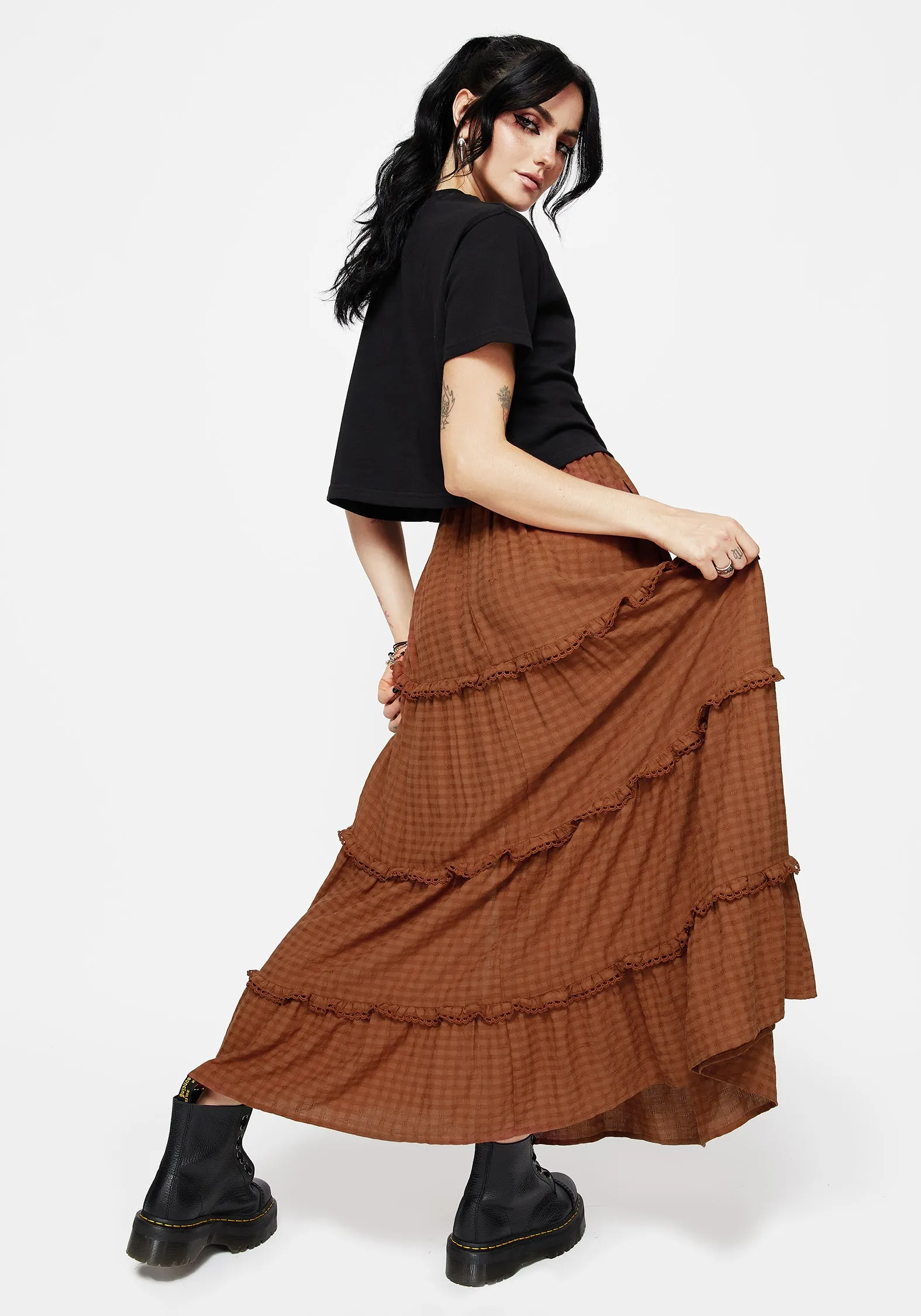 Soleil Cotton-Blend Check Tiered Maxi Skirt Twist Front Design Fitted Cut