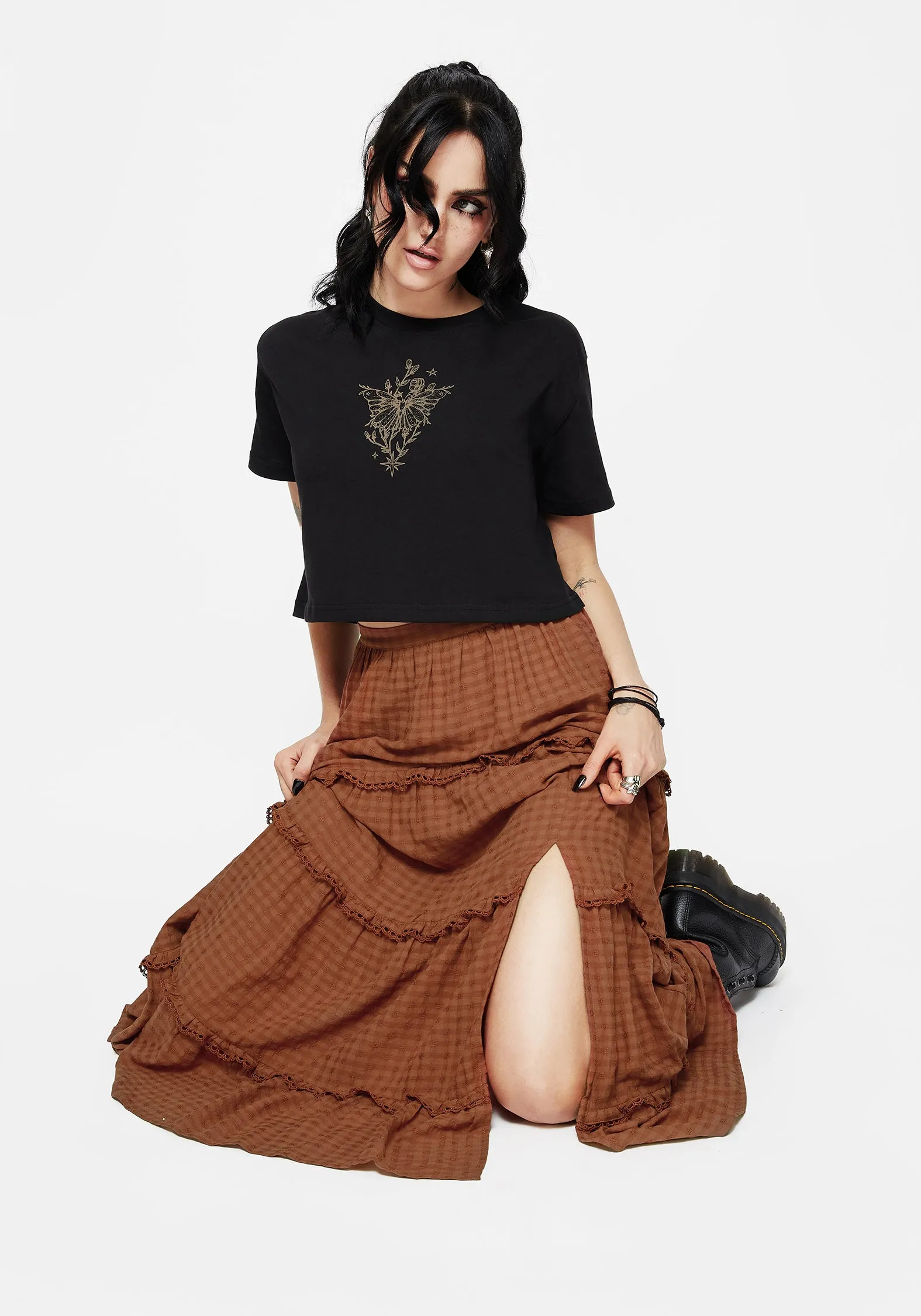 Designer Inspired Contrast Stitching Soleil Cotton-Blend Check Tiered Maxi Skirt