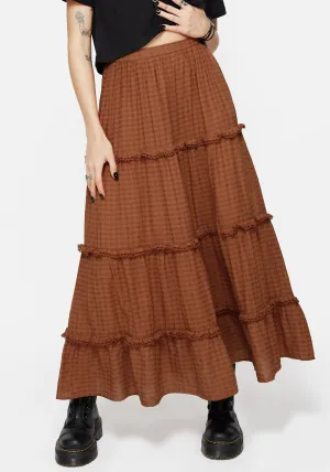 Soleil Cotton-Blend Check Tiered Maxi Skirt hypoallergenic material