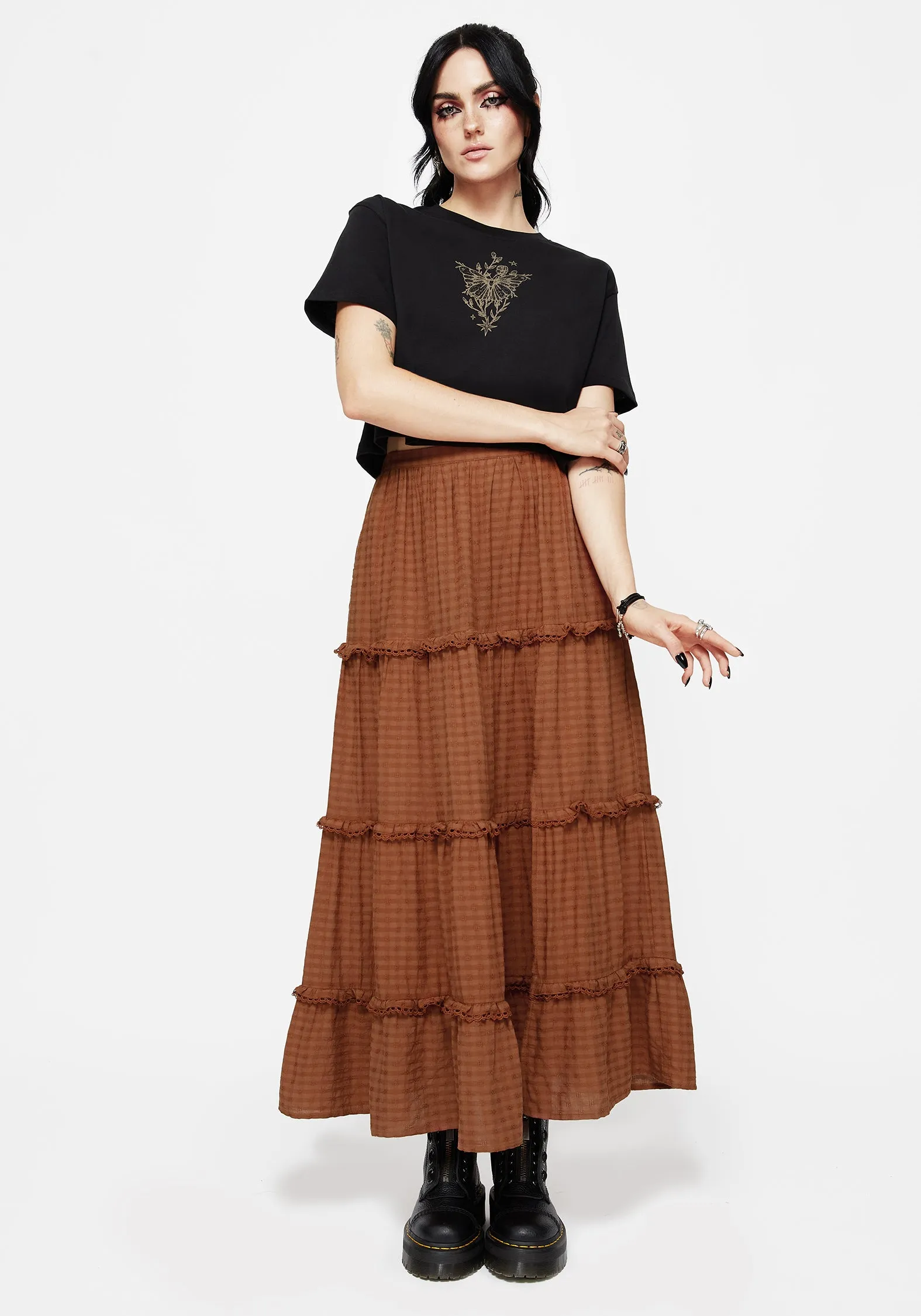 Soleil Cotton-Blend Check Tiered Maxi Skirt Removable Belt