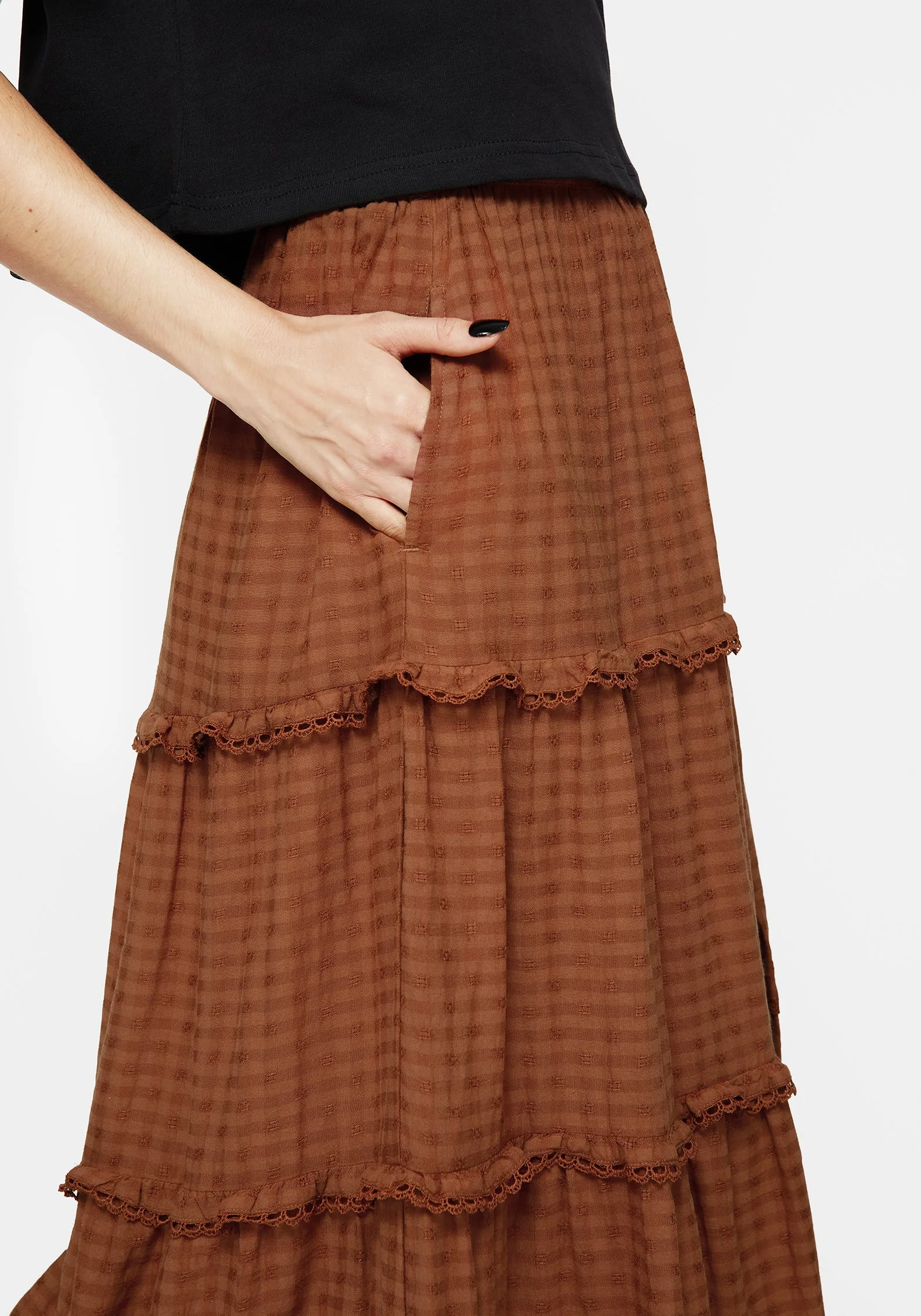 Soleil Cotton-Blend Check Tiered Maxi Skirt Maxi length Smart Comfort