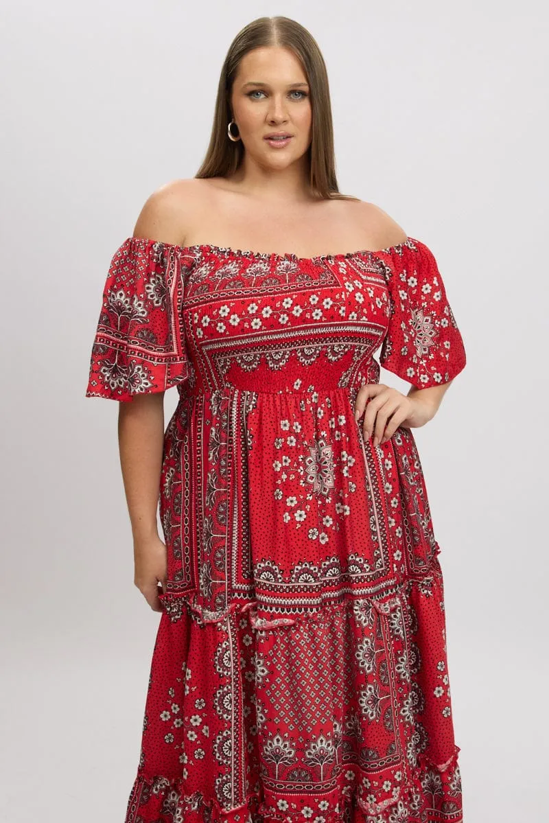 Red Boho Maxi Dress Short Sleeve Tiered Winter Soft