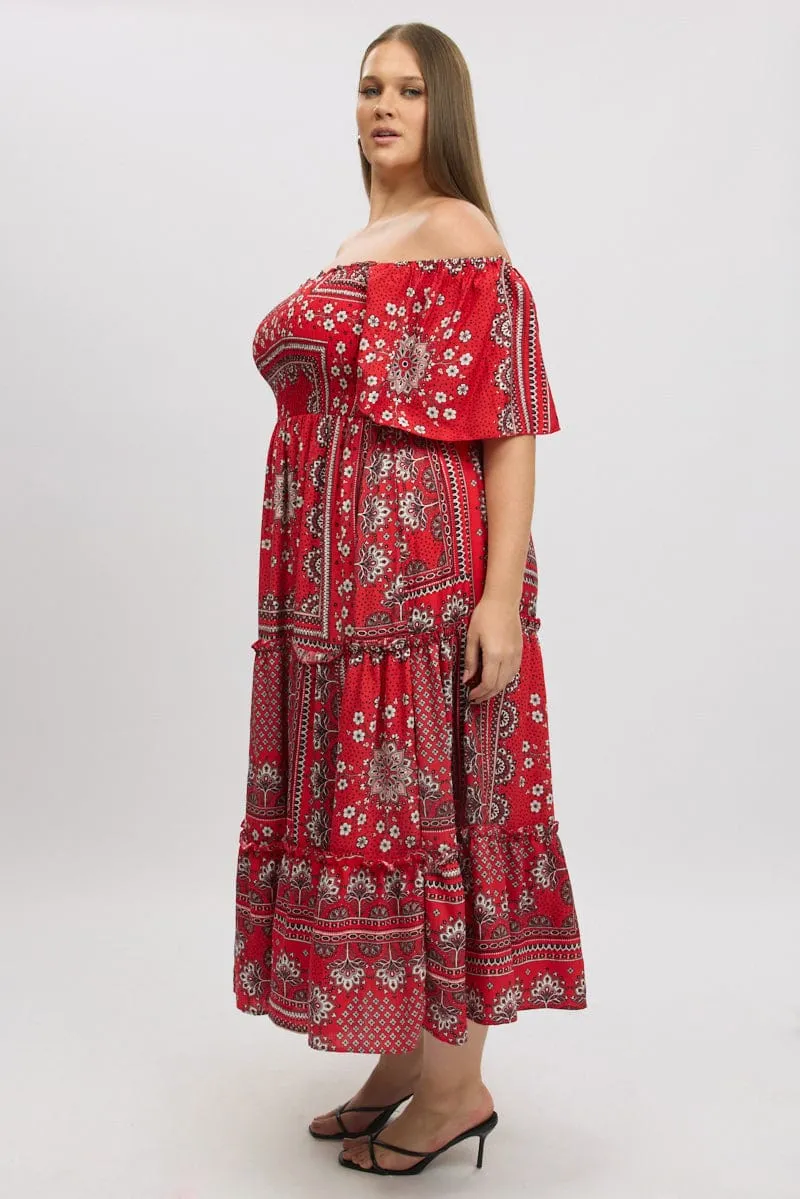 Red Boho Maxi Dress Short Sleeve Tiered Effortless chic full-length dress Calm Air