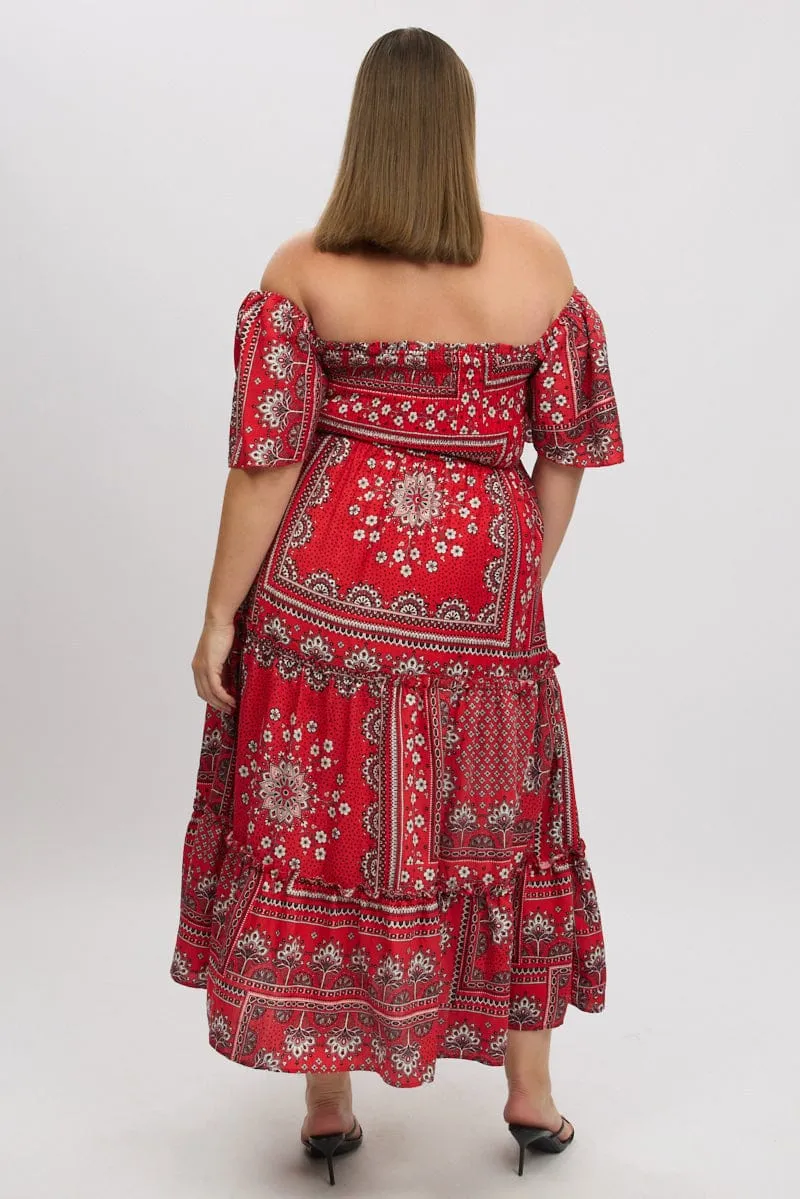 Elegant high-waist gown Red Boho Maxi Dress Short Sleeve Tiered