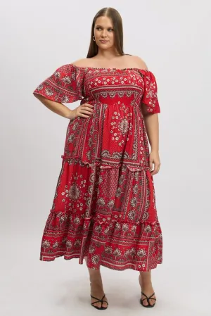 Red Boho Maxi Dress Short Sleeve Tiered Chambray Glow
