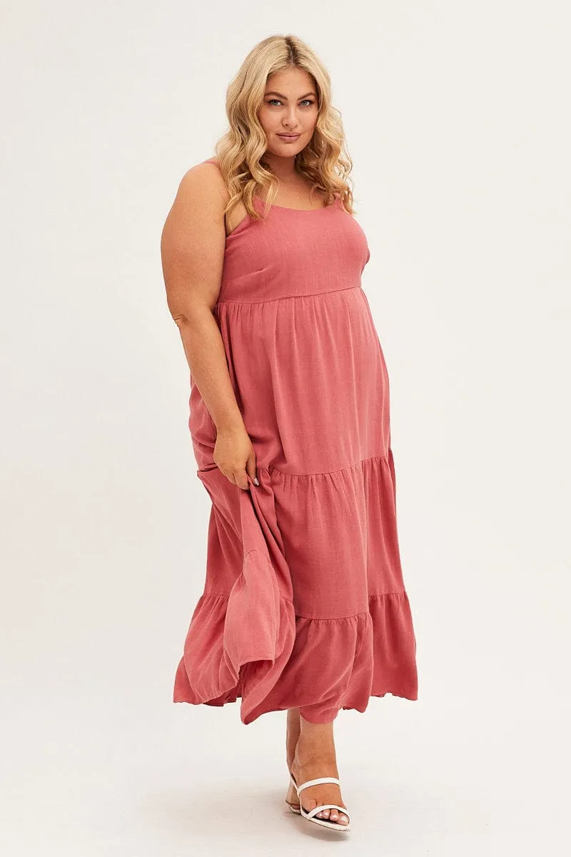 Brown Maxi Dress Sleeveless Tiered Linen Blend Voile Light Travel Easy