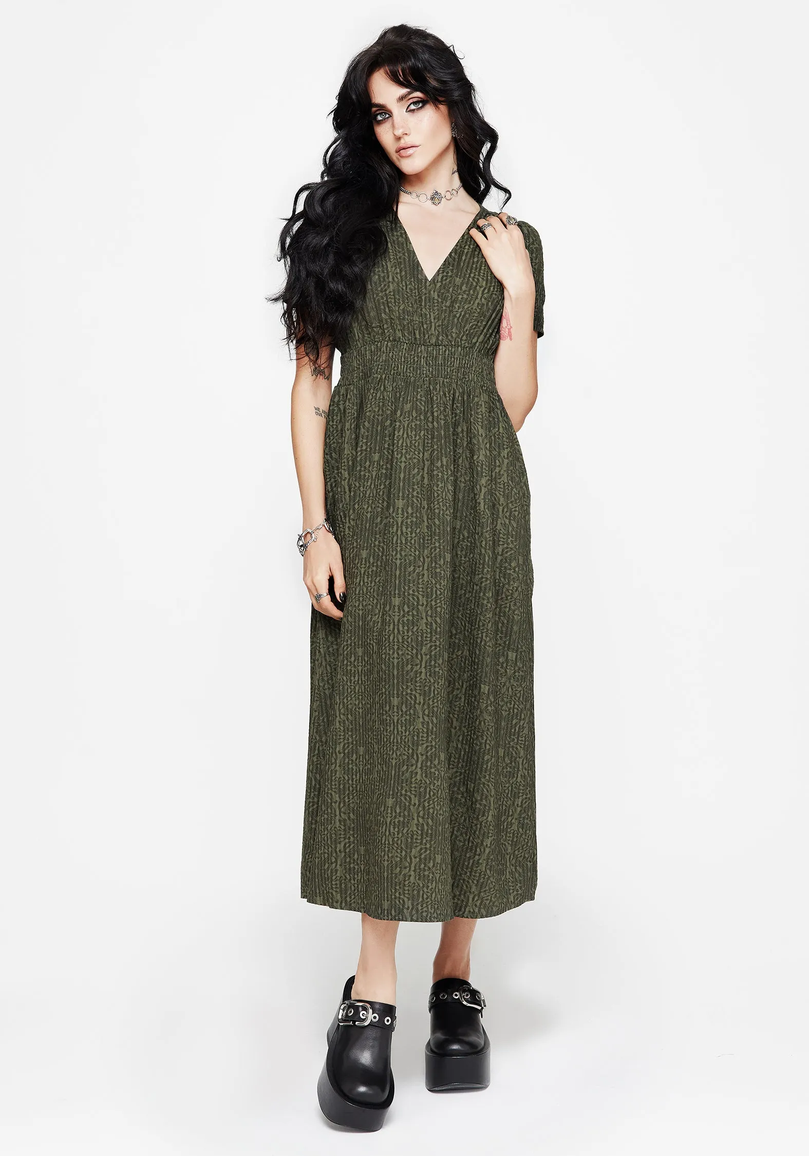 A-Line Cut Cream Tone Francesca Dragon Printed Wrap Over Midaxi Dress