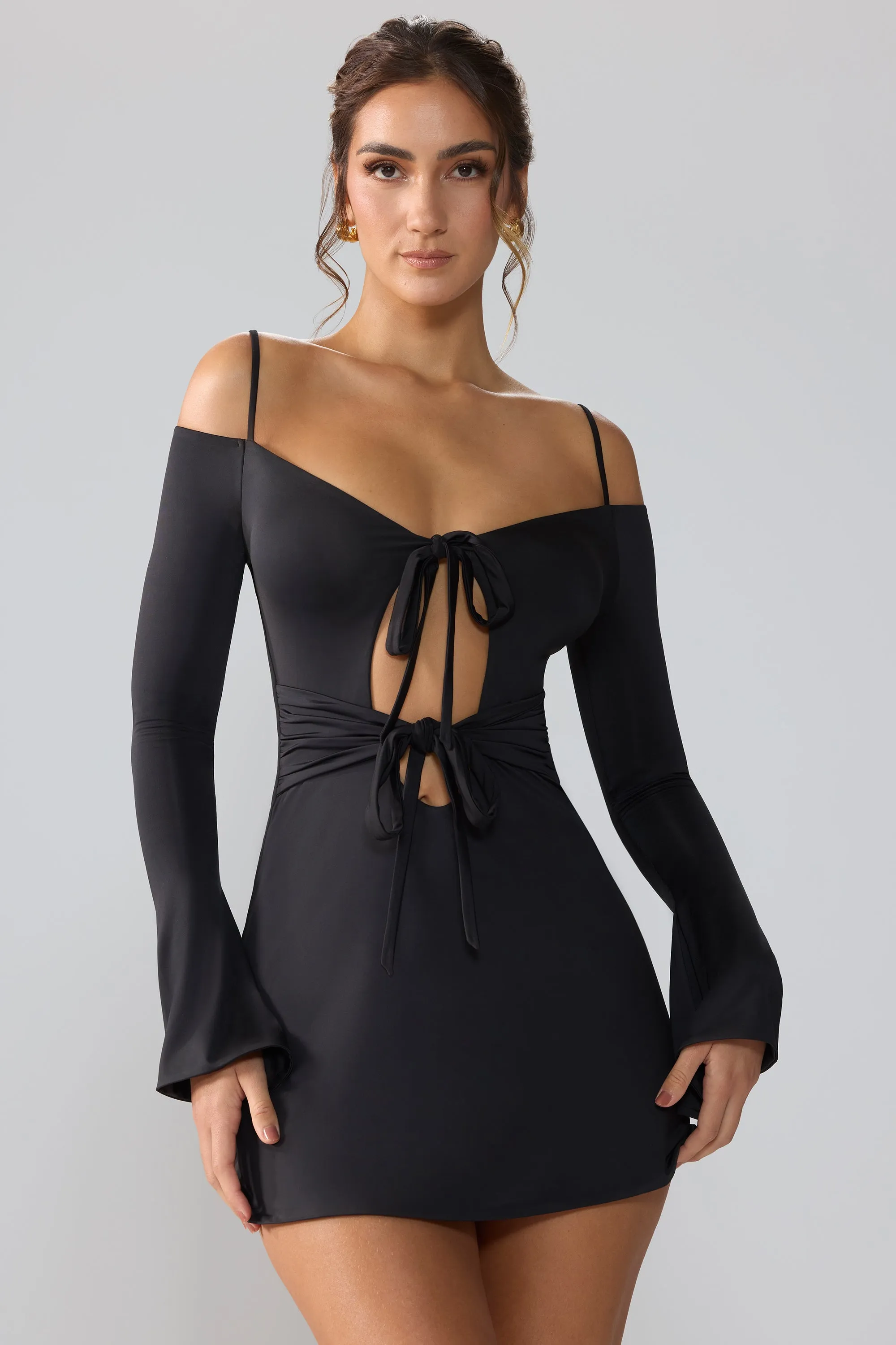 Slinky Jersey Long Sleeve Cut Out Mini Dress in Black Casual Day Look