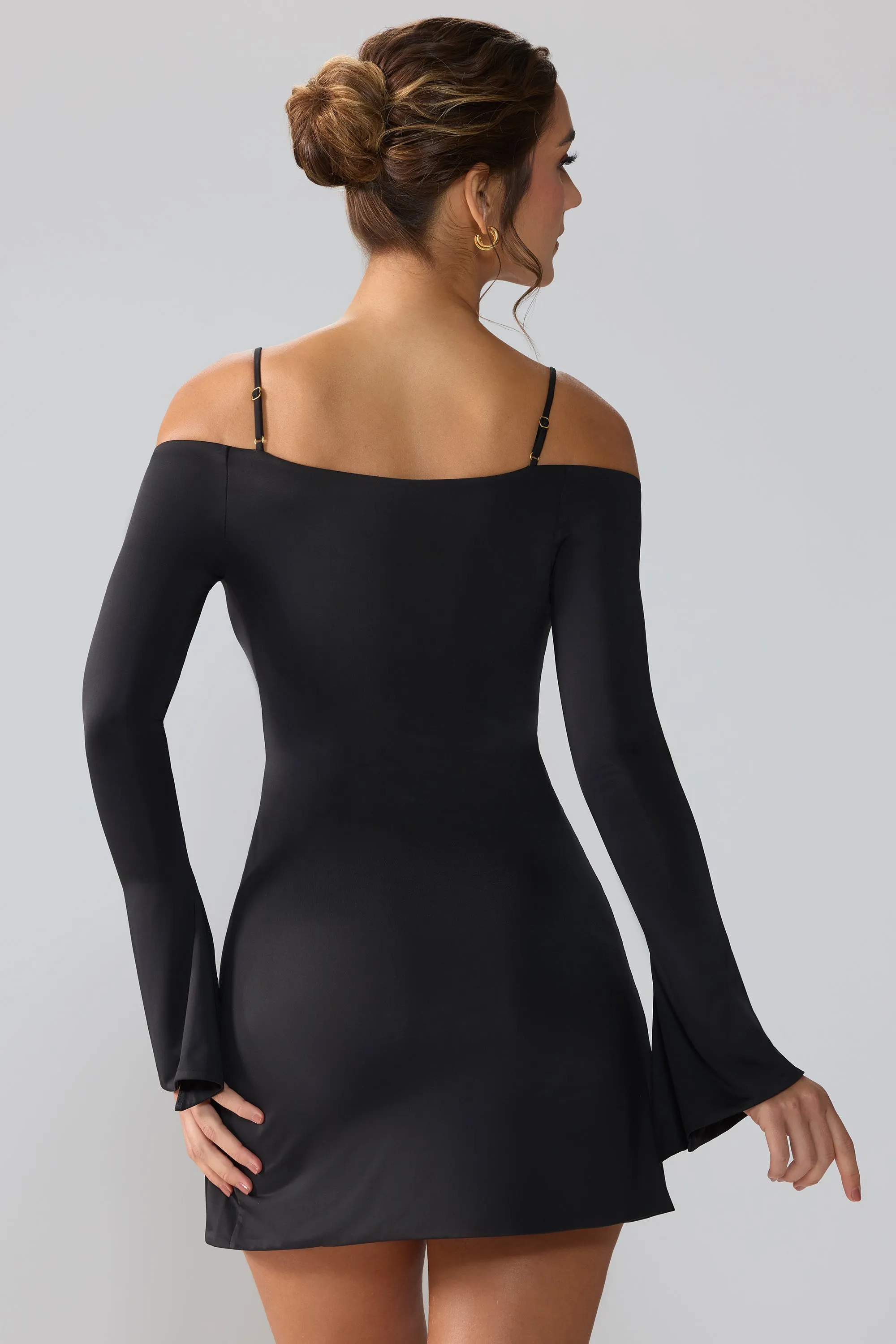 Breathable Lining Pop Beat Slinky Jersey Long Sleeve Cut Out Mini Dress in Black