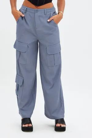 Laser Cut Edges AntibacterialCoating Grey Wide Leg Pants Cargo Pockets