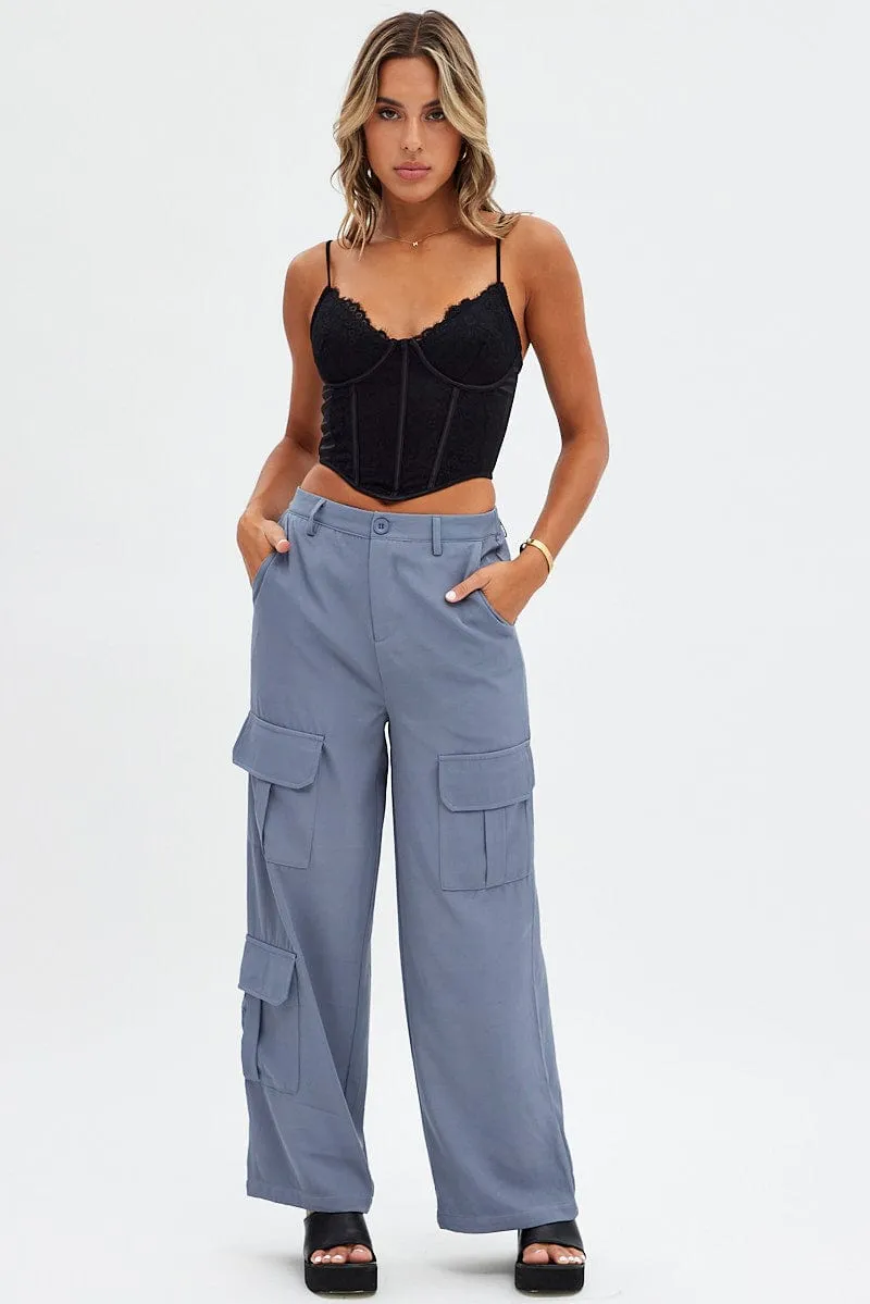 Grey Wide Leg Pants Cargo Pockets Versatile Layering Durable Twill