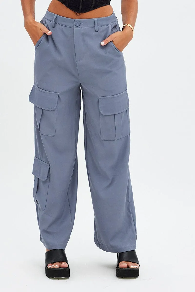 Laser Cut Edges AntibacterialCoating Grey Wide Leg Pants Cargo Pockets