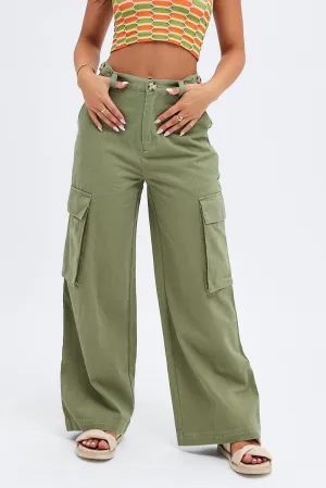 Relaxed Look Non slip grip Green Wide Leg Pants Cargo Pockets