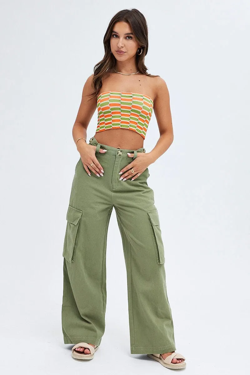 SmoothZipClosure Laser Cut Perforations Green Wide Leg Pants Cargo Pockets