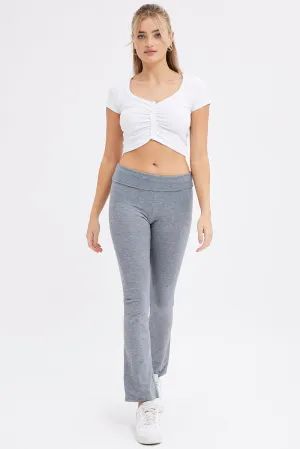 Grey Flare Leg Pants Turn Down Waist Jersey DoubleLayeredFabric
