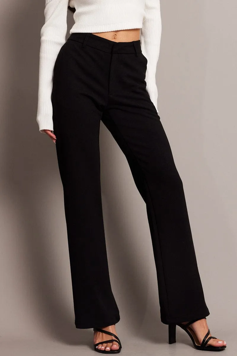 Black Flare Leg Pants Mid Rise Stretchy Waist Durable Waistband