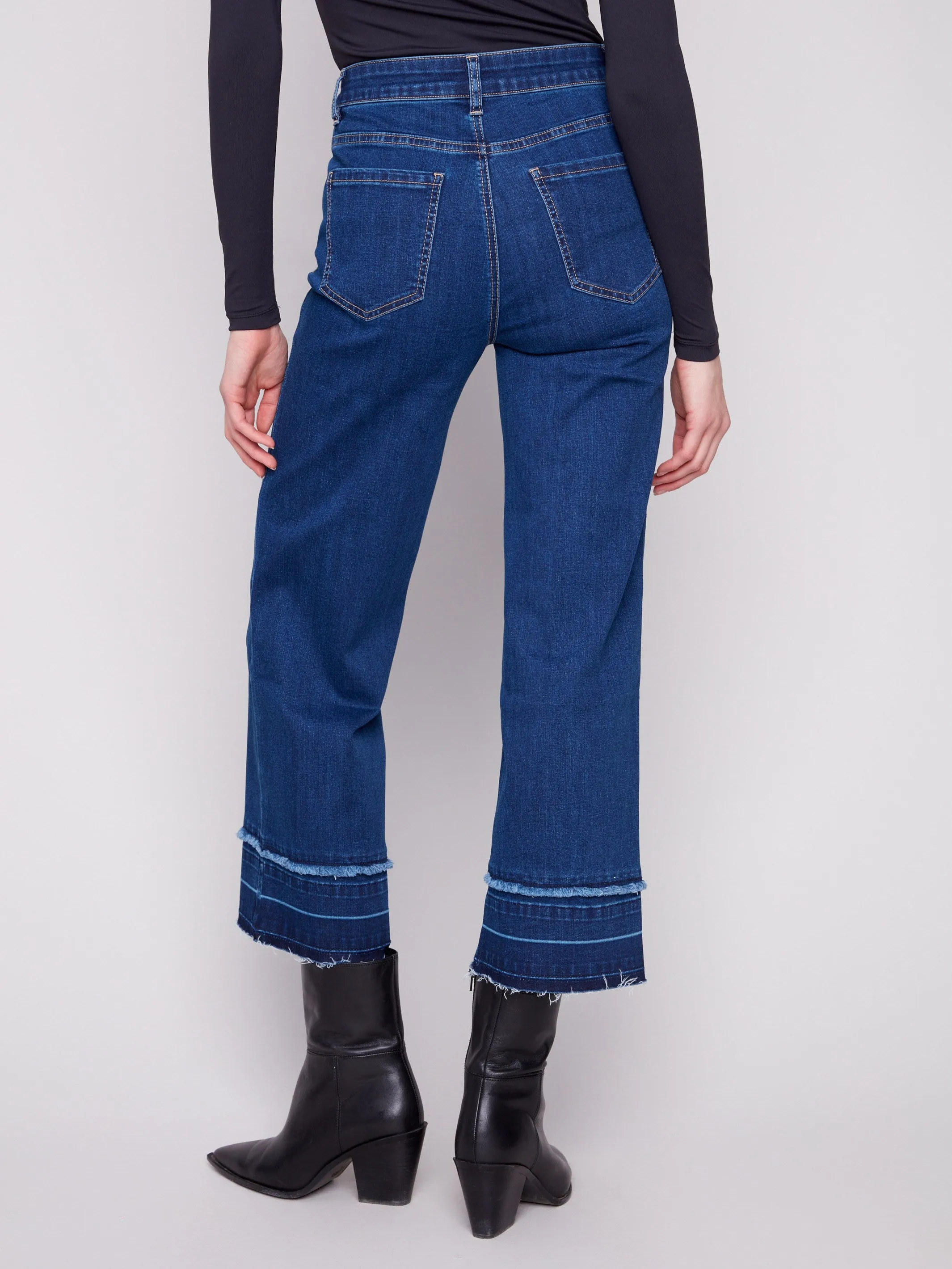 Everyday Classic Wear Comfy Flare Leg Jeans With Fringed Hem - Indigo