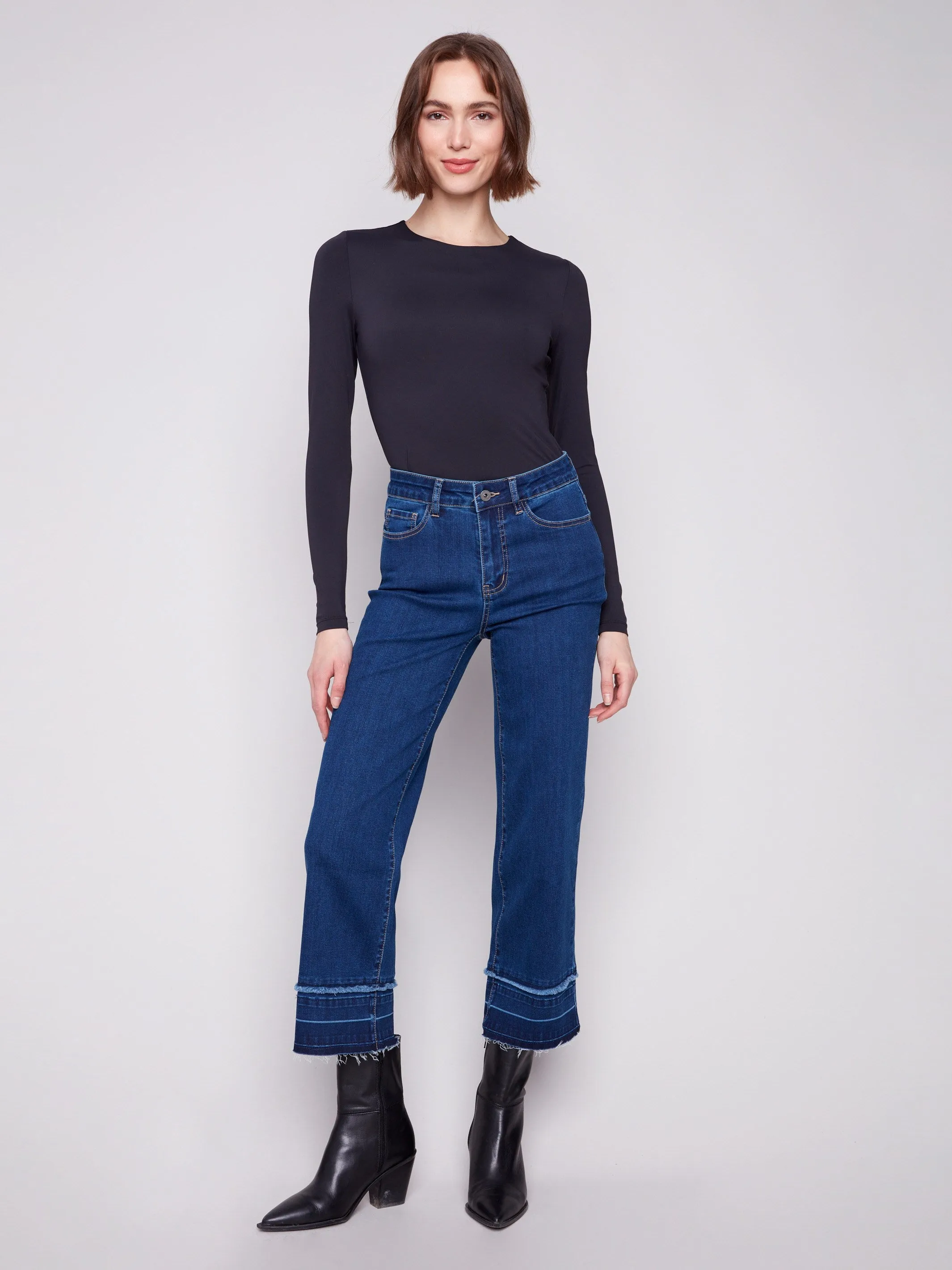 Flare Leg Jeans With Fringed Hem - Indigo Comfy Touch