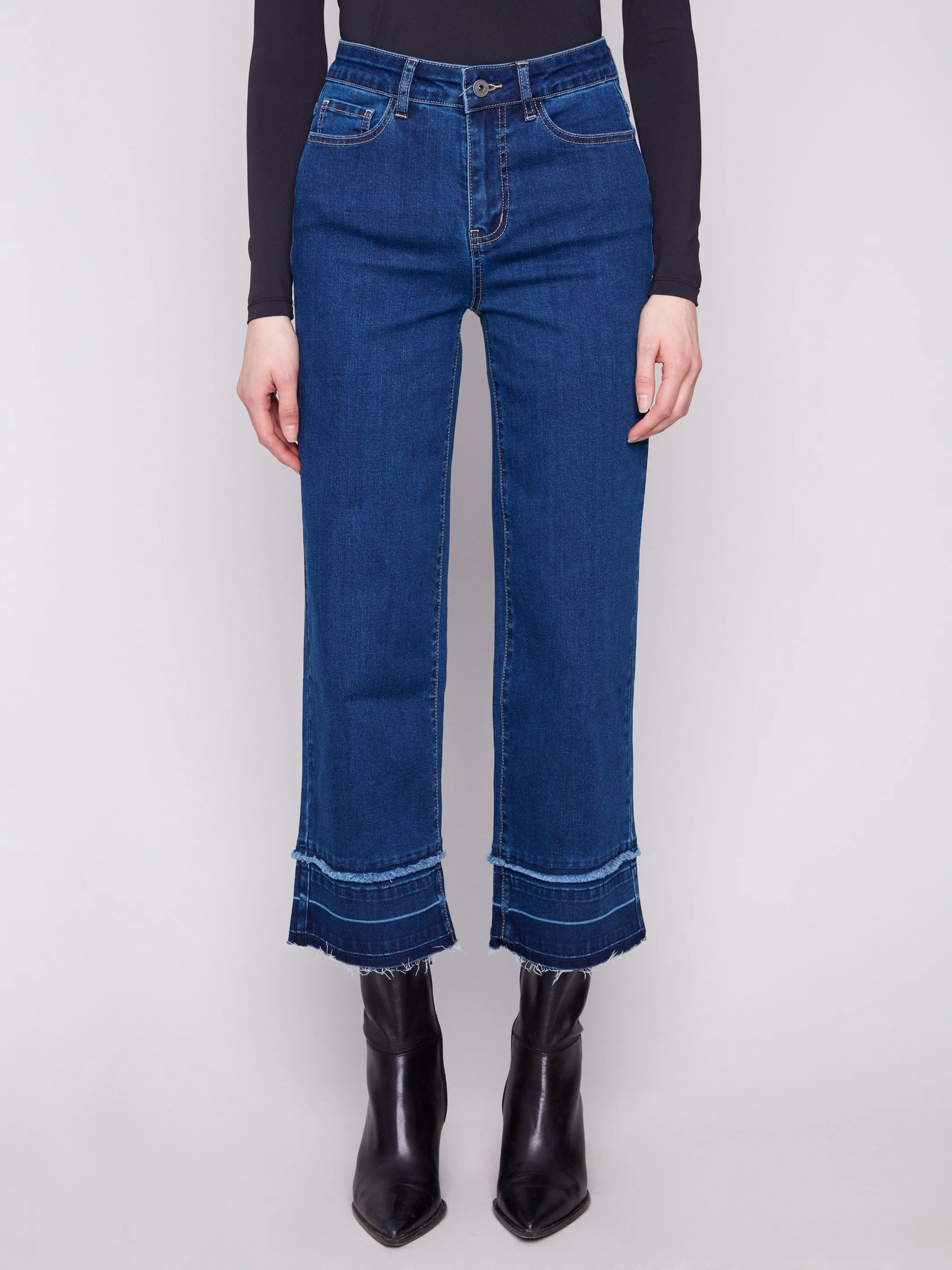 Classic Wear Party Look Flare Leg Jeans With Fringed Hem - Indigo