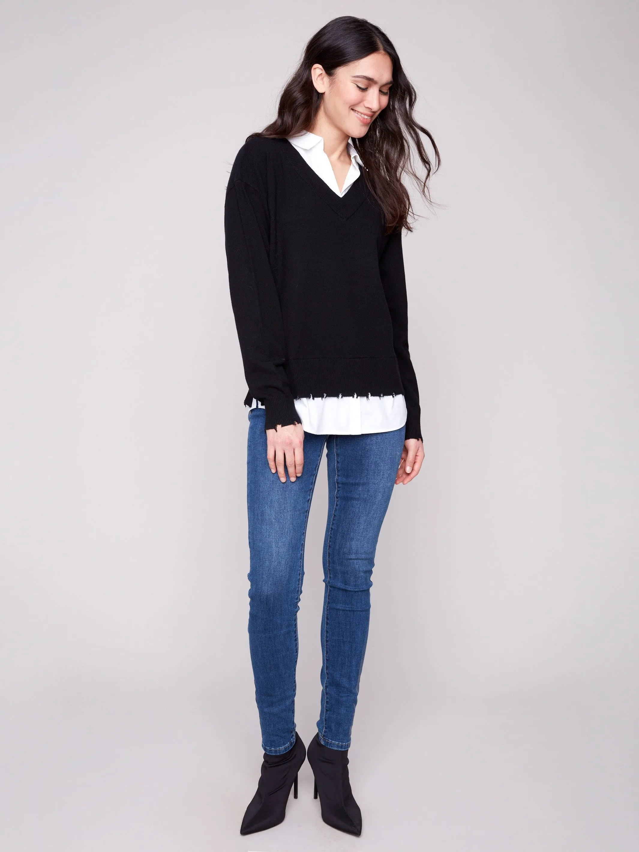 V-Neck Fooler Sweater With Shirt Collar - Black Classic Layer