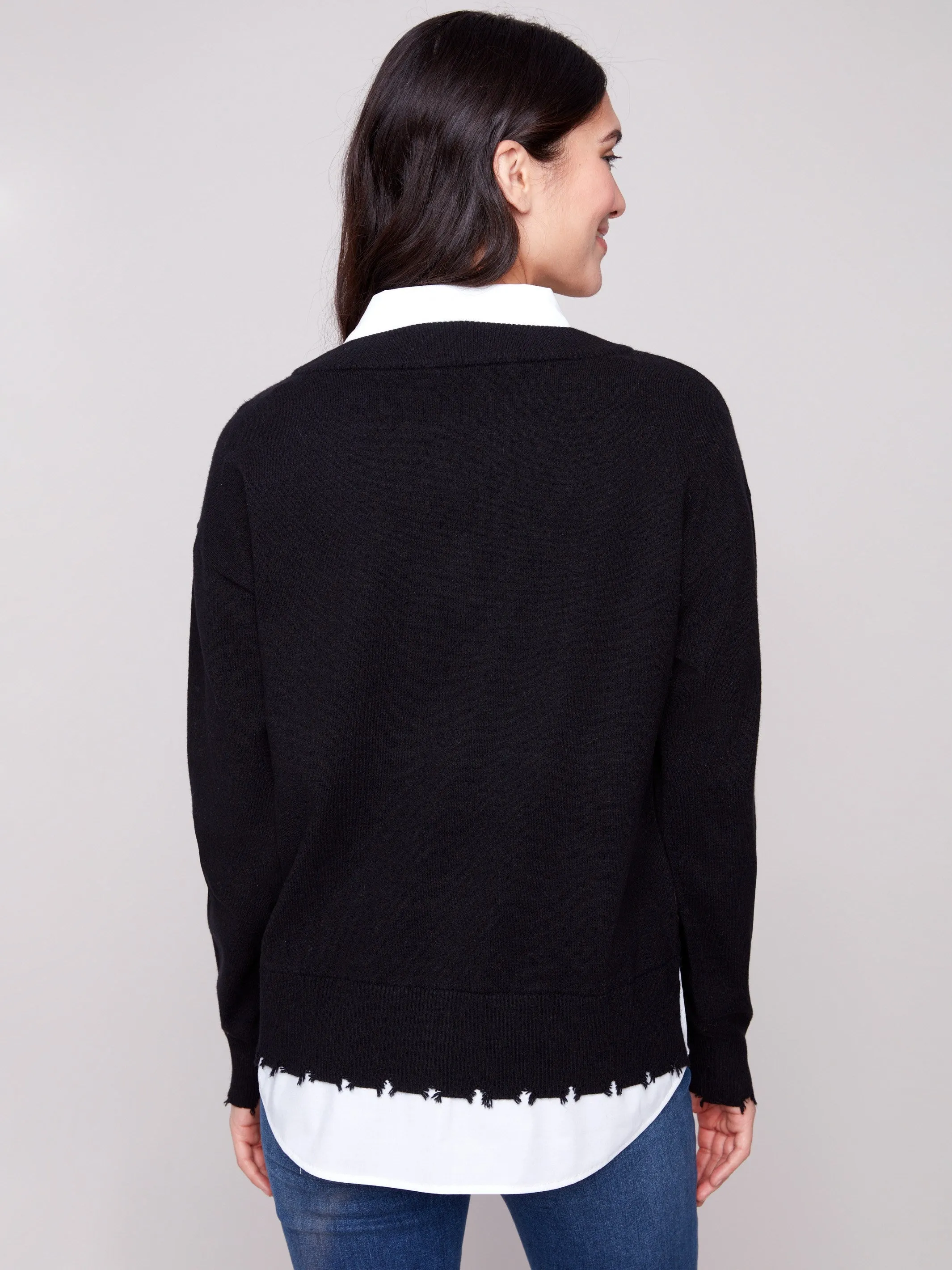 V-Neck Fooler Sweater With Shirt Collar - Black Sleek Design Comfy Layer