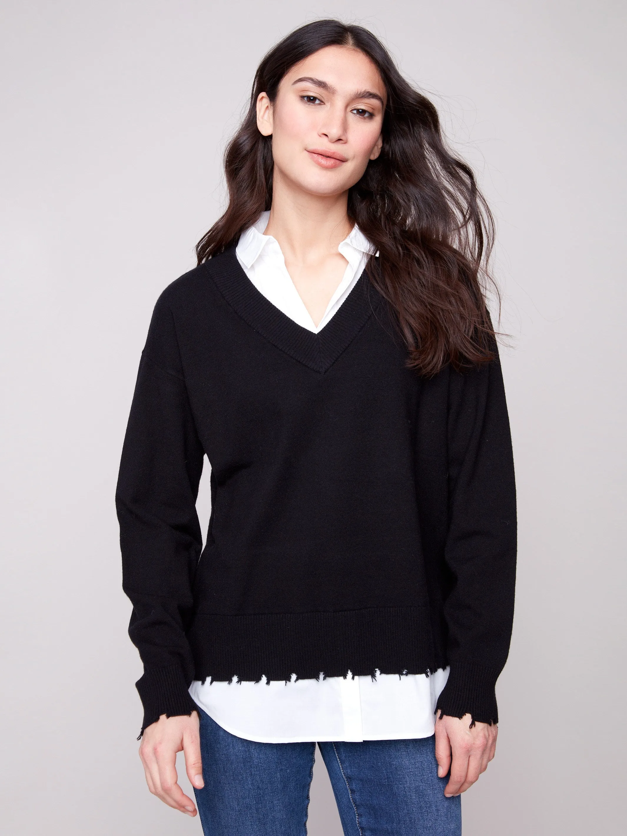 V-Neck Fooler Sweater With Shirt Collar - Black Soft Knit Wear Cozy Piece