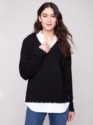 V-Neck Fooler Sweater With Shirt Collar - Black Ventilated Underarm Design