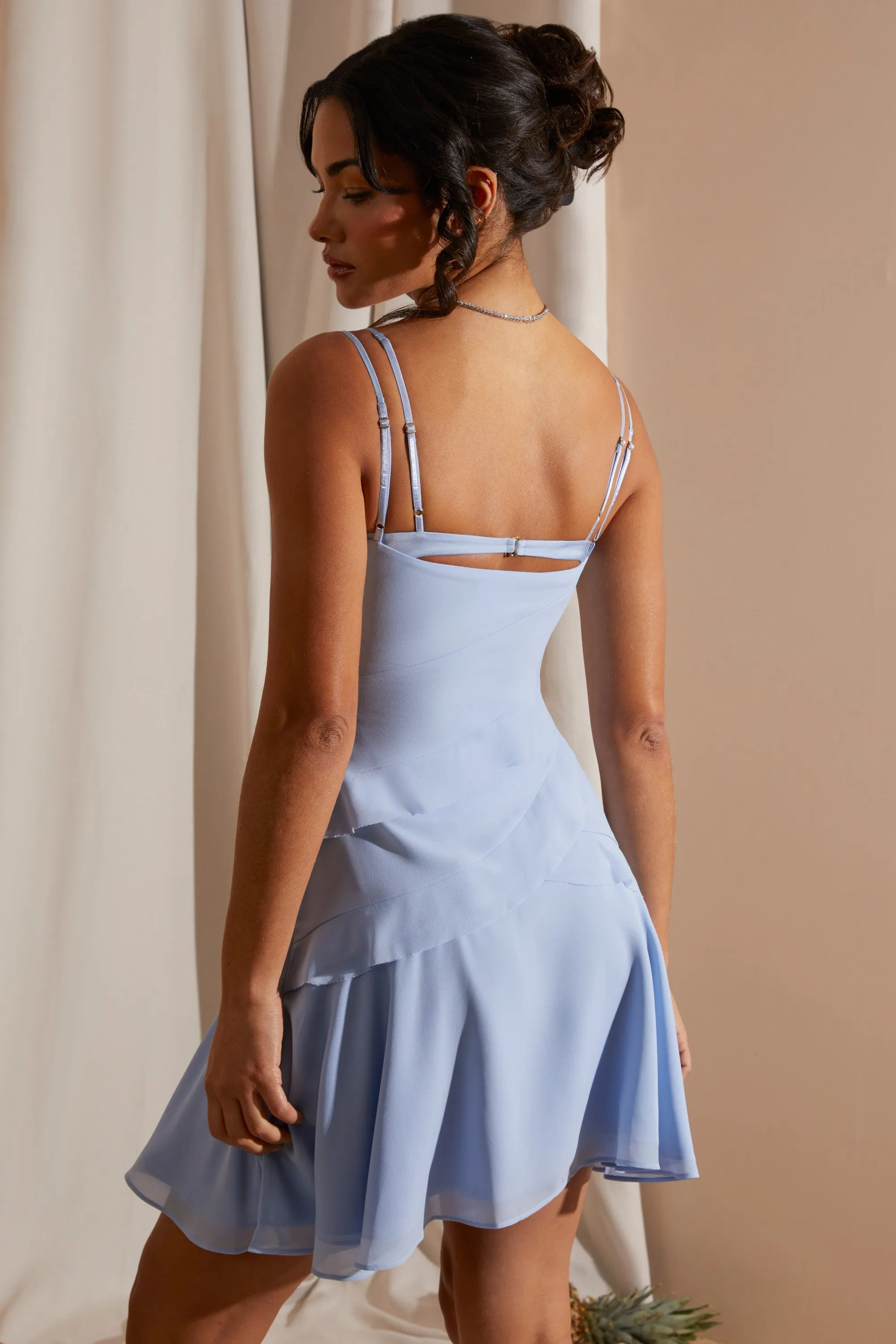 Asymmetric Multi Strap Ruffle Detail Mini Dress in Blue No Ride Up