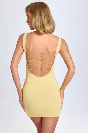 Modal Lace-Trim Bodycon Mini Dress in Pastel Yellow Anti Static Material Adjustable Waistband