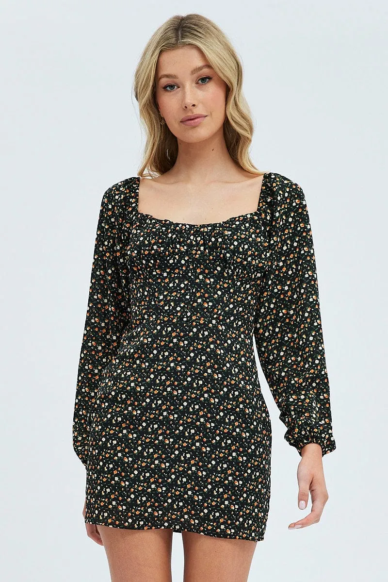 Black Floral Midi Dress Long Sleeve Gathering Bust Work Ready Outfit