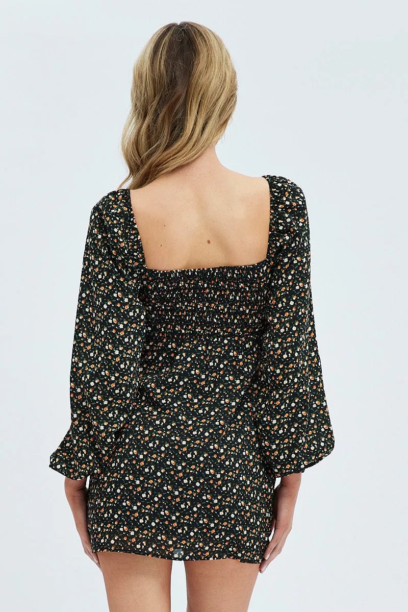 Black Floral Midi Dress Long Sleeve Gathering Bust Charming Fit