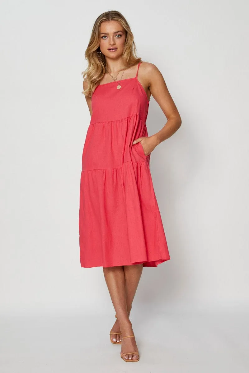 Pink Midi Dress Square Neck Comfy chic