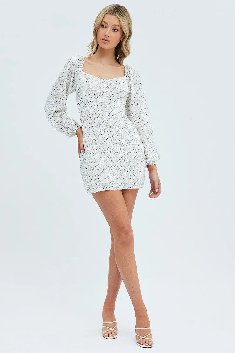 White Floral Midi Dress Long Sleeve Gathering Bust Day To Night Look Smart Wardrobe
