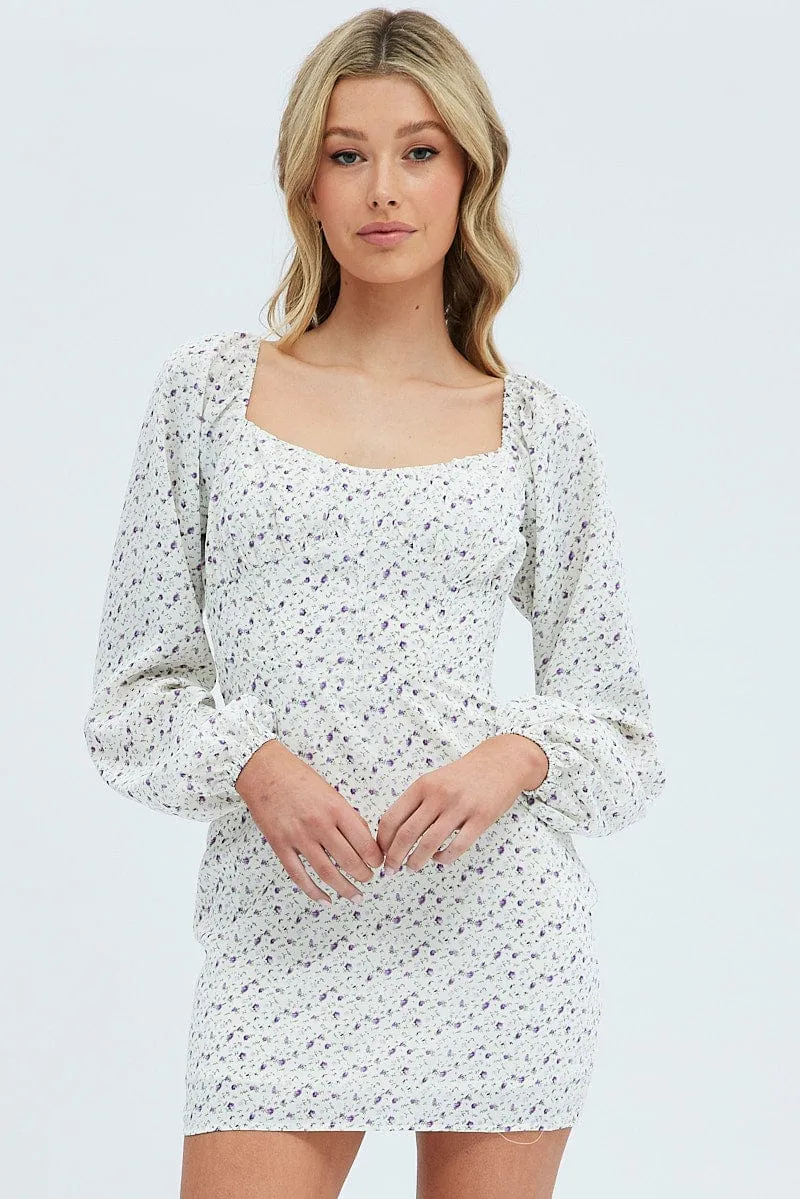 White Floral Midi Dress Long Sleeve Gathering Bust Chic Design