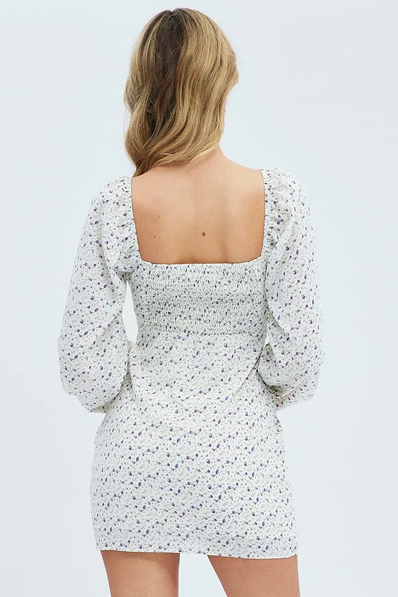 Polished Comfort White Floral Midi Dress Long Sleeve Gathering Bust