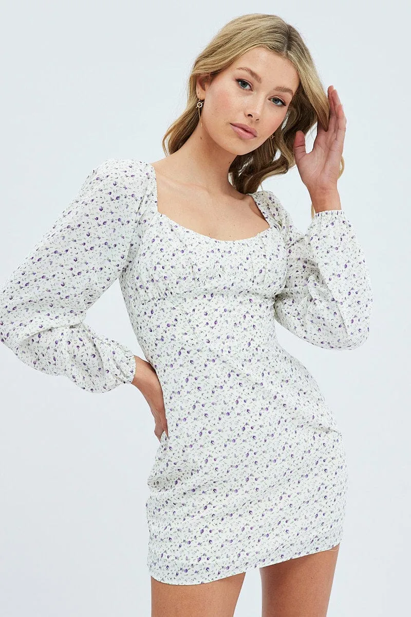 Meadow Bloom White Floral Midi Dress Long Sleeve Gathering Bust