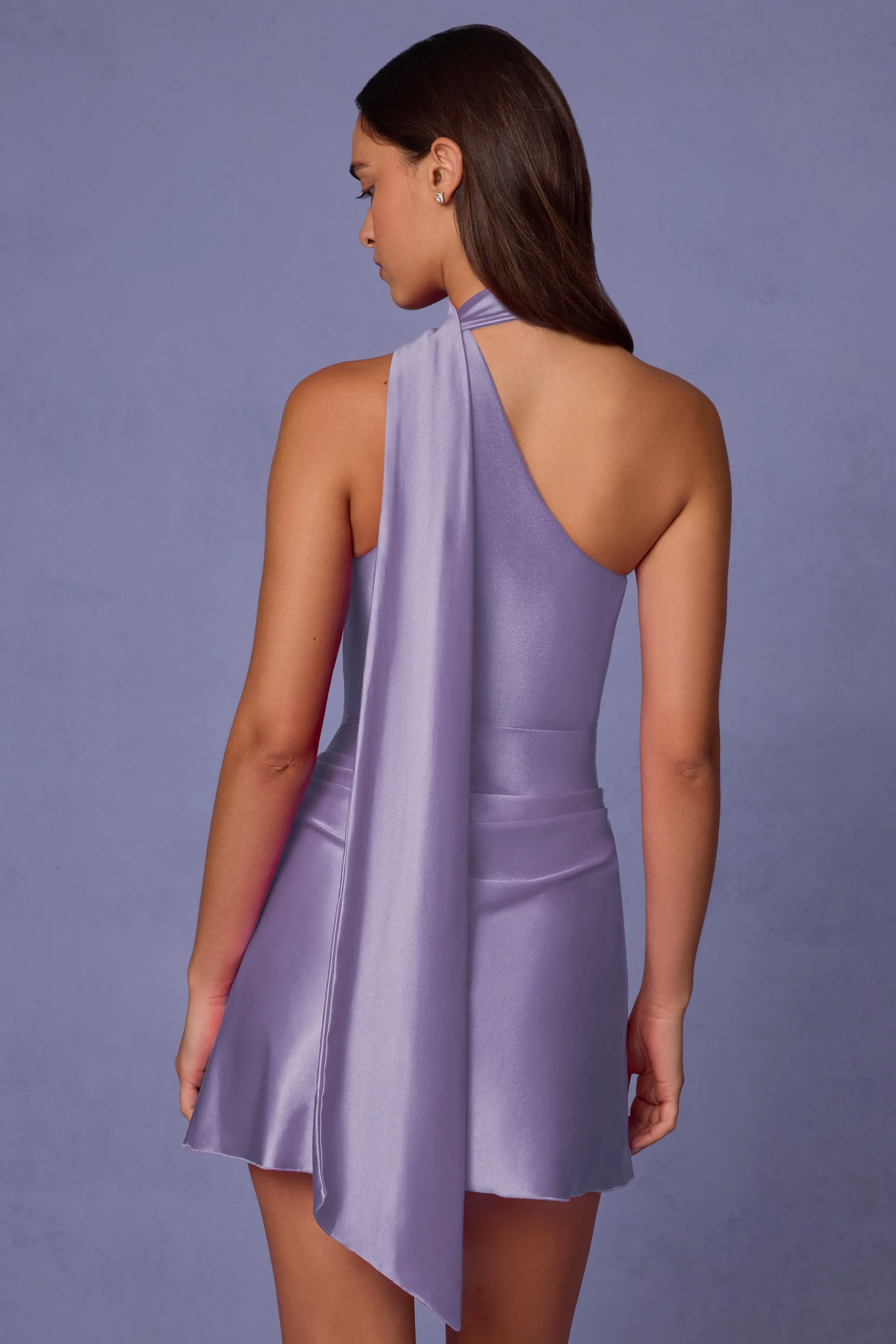 Urban Mode Dressy Cool Asymmetric Scarf-Detail Mini Dress in Lilac